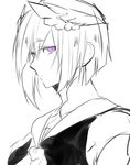  1girl armor bare_shoulders breasts fate/prototype fate/prototype:_fragments_of_blue_and_silver fate_(series) headgear lancer_(fate/prototype_fragments) monochrome purple_eyes short_hair 
