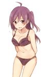  ahoge arms_behind_back blush bra breasts collarbone embarrassed eyebrows_visible_through_hair hagikaze_(kantai_collection) hair_between_eyes kantai_collection long_hair looking_at_viewer medium_breasts nagami_yuu navel one_side_up open_mouth panties purple_bra purple_hair purple_panties simple_background sketch solo underwear underwear_only white_background 