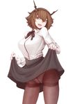  :d black_legwear black_ribbon black_skirt breasts brown_hair collared_shirt crotch_seam green_eyes hair_between_eyes hairband head_tilt izumu_(izm_gen) kantai_collection large_breasts long_sleeves looking_at_viewer mutsu_(kantai_collection) neck_ribbon open_mouth pantyhose ribbon shirt short_hair simple_background skirt smile solo thighband_pantyhose white_background white_shirt wing_collar 