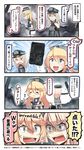  4koma :3 :d =_= beamed_eighth_notes bilingual bismarck_(kantai_collection) blonde_hair blue_eyes blush_stickers broken_glass comic commentary damaged elbow_gloves english game_boy glass gloves hair_between_eyes handheld_game_console hat highres historical_event ido_(teketeke) iowa_(kantai_collection) kantai_collection long_hair military military_uniform multiple_girls musical_note nintendo open_mouth peaked_cap ruins shaded_face smile speech_bubble surprised sweatdrop teeth thighhighs translated truth uniform v-shaped_eyebrows 