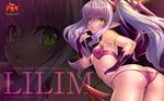  1girl ass breasts butt_crack demon_girl kagami_hirotaka lilim_(taimanin_asagi_battle_arena) lilith-soft petite purple_hair solo succubus taimanin_asagi taimanin_asagi_battle_arena twintails wallpaper yellow_eyes 