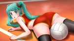  aqua_hair ass ball bare_shoulders black_legwear blue_eyes blush breasts breath buruma cameltoe everlasting_summer from_behind hatsune_miku highres huyase long_hair looking_at_viewer looking_back lying medium_breasts on_floor on_stomach open_mouth solo sport steam sweat tank_top thighhighs twintails vocaloid volleyball 