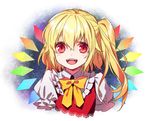  :d asymmetrical_hair blonde_hair blush bow bowtie detached_wings eyebrows_visible_through_hair eyes_visible_through_hair fangs flandre_scarlet frilled_shirt_collar frills gradient gradient_background kuronohana long_hair looking_at_viewer no_hat no_headwear open_mouth orange_bow orange_neckwear pointy_ears protected_link puffy_short_sleeves puffy_sleeves rainbow_order red_eyes red_vest shiny shiny_hair shirt short_sleeves side_ponytail smile solo tareme touhou upper_body vest white_shirt wings 