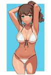  :q armpits arms_up ass_visible_through_thighs bikini breasts brown_hair cleavage cropped_legs dark_skin front-tie_bikini front-tie_top green_eyes hai_ookami hair_ornament hair_scrunchie heart heart-shaped_pupils highres large_breasts looking_at_viewer original ponytail scrunchie simple_background solo string_bikini swimsuit symbol-shaped_pupils tongue tongue_out white_bikini wrist_scrunchie 