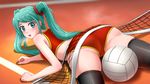  aqua_hair ass ball bare_shoulders black_legwear blue_eyes blush breasts breath buruma cameltoe everlasting_summer from_behind hatsune_miku highres huyase long_hair looking_at_viewer looking_back lying medium_breasts on_floor on_stomach open_mouth solo sport steam sweat tank_top thighhighs twintails vocaloid volleyball volleyball_net 