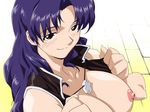  areolae bare_shoulders black_eyes blue_hair blush breasts cross cross_necklace earrings exhibitionism female gradient gradient_background jewelry katsuragi_misato large_breasts long_hair looking_at_viewer misato_katsuragi naughty_face necklace neon_genesis_evangelion nipples no_bra open_clothes open_shirt public purple_hair shirt smile solo yabusame 
