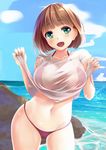  arms_up bad_id bad_pixiv_id beach bikini blush breasts brown_hair cleavage day green_eyes groin large_breasts looking_at_viewer midriff navel neko_neko_koneko open_mouth original outdoors see-through shiny shiny_hair shiny_skin shirt shirt_pull short_hair smile solo stomach sun swimsuit t-shirt water wet wet_clothes 
