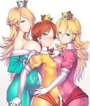  blonde_hair blue_eyes blush breast_press breasts brown_hair covered_navel crown dress earrings girl_sandwich hair_over_one_eye jewelry large_breasts long_hair looking_at_viewer mario_(series) medium_breasts multiple_girls nagase_haruhito princess_daisy princess_peach rosetta_(mario) sandwiched shiny shiny_clothes skin_tight small_breasts super_mario_bros. super_mario_galaxy thigh_grab white_background 