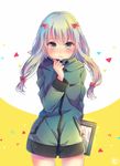  bangs blue_eyes blunt_bangs blush bow closed_mouth commentary cowboy_shot drawing_tablet eromanga_sensei eyebrows_visible_through_hair green_hood green_jacket hair_bow hair_ornament hand_up holding holding_stylus hood hood_down hooded_jacket izumi_sagiri jacket legs_apart long_hair long_sleeves looking_at_viewer nemuri_nemu pink_bow pocket sidelocks signature silver_hair solo stylus 