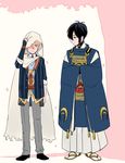  aqua_eyes black_hair blonde_hair blue_eyes blush eko_(3193233) hakama hands_in_opposite_sleeves hood japanese_clothes male_focus mikazuki_munechika multiple_boys necktie petals sandals sayagata smile tabi touken_ranbu yamanbagiri_kunihiro 