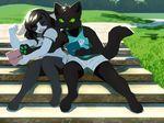  4_toes akitamonster anthro barefoot black_hair black_nose cat clothed clothing day detailed_background digitigrade duo eyes_closed feline female grass green_eyes hair male mammal open_mouth outside sitting smile toes tongue 