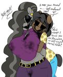  2017 absurd_res anthro bags_under_eyes beauty_mark_(oc) big_breasts blue_eyes blush breasts clothing dialogue duo earth_pony edit english_text equine fan_character female female/female fondling friendship_is_magic grope hi_res horse lipstick makeup mammal mature_female mcsweezy my_little_pony pony text whydomenhavenipples yellow_eyes zalgo zalgo_edit 