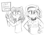  2016 3_bread anthro beauty_mark breasts clothing collar ear_piercing equine eyeshadow fan_character freckles frown horse lilith_(zajice) makeup mammal mcsweezy monochrome my_little_pony nikita_(oc) piercing pony protest shirt sign sketch whydomenhavenipples 