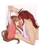  1girl blush breasts brown_hair commentary_request fire_emblem fire_emblem_if hands_above_head headband hetero highres kazahana_(fire_emblem_if) long_hair loversorr medium_breasts nipple_tweak nipples open_clothes open_mouth ponytail red_hair robe saliva smile tsubaki_(fire_emblem_if) 