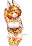  animal_ears artist_name breasts brown_eyes brown_hair covered_nipples highres kemono_friends large_breasts looking_at_viewer rondo_bell serval_(kemono_friends) serval_ears serval_print serval_tail short_hair simple_background smile solo tail thighs white_background 