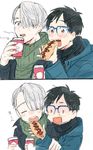  :o arm_grab black_hair blue-framed_eyewear blue_eyes brown_eyes closed_eyes coffee_cup comic cup disposable_cup eating eko_(3193233) food food_theft glasses hair_over_one_eye holding holding_cup holding_food hot_dog jacket katsuki_yuuri long_sleeves male_focus multiple_boys open_mouth over-rim_eyewear round_teeth scarf semi-rimless_eyewear silver_hair smile sweater teeth turtleneck turtleneck_sweater viktor_nikiforov white_background winter_clothes yuri!!!_on_ice ||_|| 