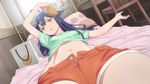  :o ahoge arm_up bag bangs bed bed_frame blue_hair blue_shirt chair desk end_card food hair_flaps hair_ornament hairclip half-closed_eyes hinako_note holding holding_food indoors long_hair looking_at_viewer lying natsukawa_kuina navel on_back on_bed open_mouth orange_shorts parted_bangs paw_print pillow print_pillow screencap shirt shopping_bag short_sleeves shorts solo stomach sunlight taiyaki unbuttoned unzipped wagashi yellow_eyes 