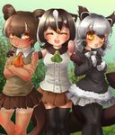  animal_ears binturong_(kemono_friends) binturong_ears binturong_tail blush bow bowtie civet_ears civet_tail commentary_request fossa_(kemono_friends) fossa_ears fossa_tail highres kakiikada kemono_friends masked_palm_civet_(kemono_friends) multiple_girls skirt sleeveless tail 