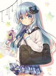  :o alternate_costume bag bangs black_bow blazer blue_eyes blue_hair blush bow breasts buttons carrying_bag collared_shirt commentary_request cowboy_shot drinking_straw eyebrows_visible_through_hair flower food fruit gochuumon_wa_usagi_desu_ka? grapes hair_between_eyes hair_bow hair_flower hair_ornament highres holding jacket juice_box kafuu_chino long_hair long_sleeves looking_at_viewer mitsuki_ponzu neck_ribbon open_mouth plaid plaid_skirt polka_dot ribbon school_bag school_uniform shadow shirt signature skirt small_breasts solo star striped striped_ribbon white_background white_shirt 