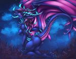  anthro blue_tongue curved_horn detailed_background dragon female grass hair horn kneeling membranous_wings night nipples oksara open_mouth outside purple_hair smile solo spines teeth tongue wings 