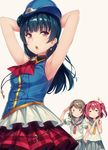  &gt;:) :o =_= armpits arms_behind_head ascot bangs beige_background blue_hair blush_stickers buttons collared_shirt commentary_request double-breasted earrings female_service_cap grey_hair hand_on_hip hands_together happy_party_train highres jewelry key_necklace kurosawa_ruby long_hair love_live! love_live!_sunshine!! multiple_girls pleated_skirt purple_eyes red_hair salute school_uniform serafuku shirt short_hair short_sleeves side_bun simple_background siva_(executor) skirt sleeveless smile sparkle tie_clip tsushima_yoshiko two_side_up uranohoshi_school_uniform v-shaped_eyebrows watanabe_you 