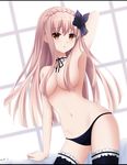  black_panties blonde_hair blush breasts choker cleavage fairy_fencer_f hair_censor hair_ornament hair_over_breasts highres keenh lace lingerie long_hair looking_at_viewer mariano_(fairy_fencer_f) medium_breasts navel panties solo topless underwear underwear_only yellow_eyes 