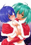  &gt;:) ahoge aqua_eyes aqua_hair bangs blue_hair blush breast_press breasts capelet cleavage clenched_teeth commentary_request earrings elbow_gloves eyepatch from_side fur_trim gloves green_eyes haiboku hug ikkitousen jewelry large_breasts looking_at_viewer looking_to_the_side magatama miniskirt mole mole_under_mouth multiple_girls no_bra nose_blush one_eye_covered parted_lips red_gloves red_skirt ryofu_housen ryomou_shimei santa_costume short_hair skirt smile symmetrical_docking teeth twintails upper_body v-shaped_eyebrows 