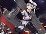  black_gloves black_legwear black_skirt blonde_hair blue_eyes capelet commentary_request gloves graf_zeppelin_(kantai_collection) hair_between_eyes hat highres jacket kantai_collection long_hair long_sleeves machinery military military_uniform necktie pantyhose peaked_cap pleated_skirt red_neckwear sidelocks skirt solo tokorotn torn_clothes torn_legwear twintails uniform white_jacket 