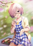  black-framed_eyewear blurry blurry_background blush checkered checkered_dress collarbone commentary_request dress fate/grand_order fate_(series) food fork glasses hair_over_one_eye harimoji highres hood hoodie mash_kyrielight obentou omelet open_hand open_mouth outdoors petals picnic purple_eyes purple_hair semi-rimless_eyewear short_hair sitting smile sweater tamagoyaki yellow_sweater 