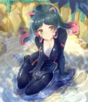  animal_ears blue_hair blush breasts catsuit cleavage collarbone from_above hippopotamus_(kemono_friends) hippopotamus_ears kemono_friends large_breasts long_hair looking_at_viewer multicolored_hair naka_akira open_clothes partially_submerged pink_hair pool sitting smile solo wariza yellow_eyes zipper 
