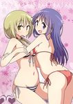  :d ass bikini blonde_hair breasts commentary_request from_side hinata_yukari ichii_yui long_hair looking_at_viewer low_twintails medium_breasts mel_(melty_pot) multiple_girls navel open_mouth purple_hair red_bikini side-tie_bikini sideboob small_breasts smile striped striped_bikini sweatdrop swimsuit twintails yuyushiki 