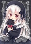  :&lt; bangs black_background black_bow black_choker black_dress black_hat black_ribbon blush bow bowtie choker commentary_request dress eyebrows_visible_through_hair fang flower frame frilled_choker frills gothic_lolita hair_between_eyes hair_ribbon hands_up hat holding holding_stuffed_animal leaf lolita_fashion long_hair long_sleeves looking_at_viewer mitsuba_choco object_hug open_mouth original patch red_bow red_eyes red_neckwear ribbon rose sailor_dress shiny shiny_hair silver_hair solo stuffed_animal stuffed_cat stuffed_toy thorns 