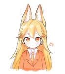  :c animal_ears bad_id bad_twitter_id blazer blonde_hair blush bow bowtie brown_hair buttons closed_mouth done_(donezumi) dot_nose expressionless extra_ears eyebrows_visible_through_hair eyelashes ezo_red_fox_(kemono_friends) fox_ears gradient_hair inactive_account jacket japari_symbol jpeg_artifacts kemono_friends long_hair long_sleeves looking_at_viewer motion_lines multicolored_hair necktie orange_eyes orange_jacket simple_background sketch solo tsurime two-tone_hair upper_body white_background white_bow white_neckwear yellow_neckwear 