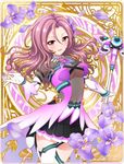  artist_request battle_girl_high_school breasts curly_hair flower gloves hair_ornament highres long_hair looking_at_viewer medium_breasts mole mole_under_eye navel official_art open_mouth petals purple_eyes purple_hair serizawa_renge solo wand 