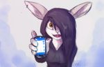  2017 anthro black_hair cellphone clothed clothing digital_media_(artwork) dragk erikka female fur hair jewelry lagomorph mammal open_mouth pawpads paws phone rabbit safe simple_background smile solo sweater tongue white_fur 