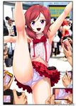  1girl armpits bare_legs blush breasts camera cellphone_camera close-up crowd doujin_cover doujinshi exhibitionism hechi leg_lift legs looking_at_viewer love_live! love_live!_school_idol_project midriff multiple_boys navel nishikino_maki panties pantyshot public purple_eyes red_hair small_breasts smile taking_picture thighs underwear upskirt white_panties 