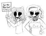  2016 2017 3_bread anthro beauty_mark breasts clothing collar ear_piercing equine eyeshadow fan_character freckles frown horse lilith_(zajice) makeup mammal mcsweezy monochrome my_little_pony nightmare_fuel nikita_(oc) piercing pony protest shirt sign sketch whydomenhavenipples zalgo zalgo_edit 