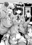  1boy 3girls breasts classroom exhibitionism flashing hair_bobbles hair_flower happy highres large_breasts long_hair looking_at_viewer monochrome multiple_girls original panties panty_pull pubic_hair school_uniform self_shot short_hair skirt_lift smile souryu teacher thighhighs twintails uncensored 