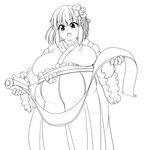  absurdres big_belly blush breasts double_chin fat fat_folds flower hair_flower hair_ornament hakama hieda_no_akyuu highres japanese_clothes kimono large_breasts meiji_schoolgirl_uniform monochrome nerizou obese reading sagging_breasts scroll short_hair sketch solo touhou 