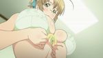  1girl ahoge animated animated_gif areolae blush boku_to_misaki-sensei bouncing_breasts breasts brown_hair glasses green_eyes huge_breasts nipples open_mouth puffy_nipples short_hair solo takami_akio undressing upper_body 