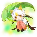  animal_ears bat_ears bat_wings black_cape blonde_hair blush brown_footwear cape dot_nose extra_ears eyebrows_visible_through_hair eyelashes fang fang_out fukai_(yas_lions) full_body fur-trimmed_sleeves fur_collar fur_trim green_background hands_on_own_knees holding holding_leaf honduran_white_bat_(kemono_friends) jpeg_artifacts kemono_friends knees_together_feet_apart leaf leaf_umbrella loafers long_sleeves looking_at_viewer multicolored multicolored_background multicolored_hair nose_blush pantyhose pleated_skirt shirt shoes short_hair sitting skirt smile solo tareme two-tone_hair wavy_hair white_background white_hair white_shirt wings yellow_background yellow_eyes yellow_skirt 