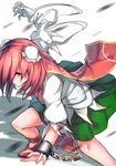  bandaged_arm bandages borushichi bun_cover chinese_clothes cuffs double_bun frown green_skirt highres ibaraki_kasen looking_at_viewer pink_eyes pink_hair shackles short_hair short_sleeves skirt solo tabard touhou 