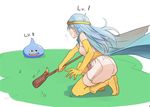  blue_hair breasts cape circlet dragon_quest dragon_quest_iii dress elbow_gloves gloves hyakuen_raitaa long_hair monster sage_(dq3) slime_(dragon_quest) small_breasts thighhighs weapon 