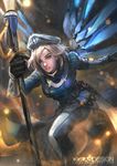  alternate_costume beret blonde_hair blue_wings cglas combat_medic_ziegler destruction hat looking_at_viewer mechanical_wings mercy_(overwatch) overwatch parted_lips serious solo staff wings 