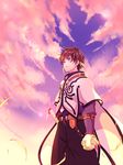  black_pants brown_hair cape clenched_hand cloud cloudy_sky corokuro cowboy_shot earrings from_below green_eyes highres jewelry male_focus outdoors pants sky solo sorey_(tales) sword tales_of_(series) tales_of_zestiria weapon yellow_feathers 