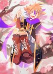  :d aonik armor boots brown_eyes brown_hair cherry_blossoms cross-laced_footwear gotou_toushirou highres in_tree japanese_armor kiwame_(touken_ranbu) kote lace-up_boots male_focus multicolored_hair open_mouth petals scarf shorts shoulder_armor sitting smile sode streaked_hair touken_ranbu tree 