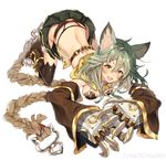  :3 :d all_fours animal_band_legwear animal_ears bangs black_legwear black_skirt blush boots breasts brown_eyes brown_footwear cat_band_legwear circle_name claw_(weapon) claws commentary_request detached_sleeves erune fangs full_body granblue_fantasy green_hair hair_between_eyes harunoibuki legs_apart long_hair looking_at_viewer medium_breasts microskirt open_mouth pleated_skirt sen_(granblue_fantasy) simple_background skirt smile solo teeth thighhighs weapon white_background 