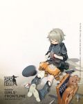  1girl bandage bandaid black_legwear blush briefcase defibrillator eyebrows_visible_through_hair fur_trim girls_frontline green_eyes grey_hair gun handgun hat highres holding holster hs2000 hs2000_(girls_frontline) leg_warmers logo messy_hair official_art shirt sling strap stuffed_animal stuffed_toy syringe teddy_bear thigh_strap torn_clothes torn_legwear weapon 