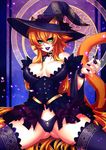  1girl animal_ears bare_shoulders breasts catheline_(deathblight) choker cleavage crescentia deathblight green_eyes halloween large_breasts lips lipstick long_hair long_nails nail_polish no_pants orange_hair panties slit_pupils tail thighhighs witch witch_hat 