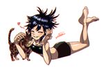  1girl barefoot black_hair blush cat eyes_closed gorillaz noodle_(gorillaz) short_hair smile 